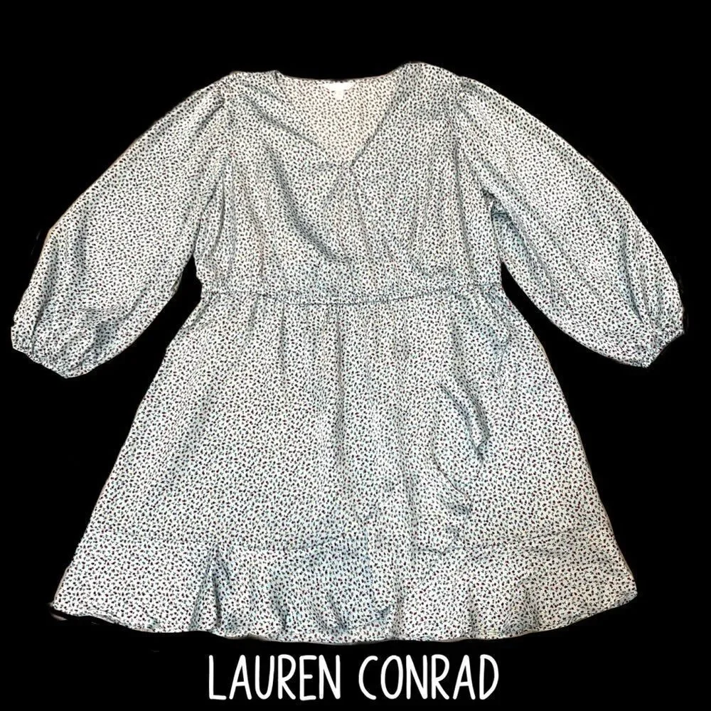 Lauren Conrad Long sleeve fake wrap blue floral dress tie waist size 2x - Picture 2 of 14